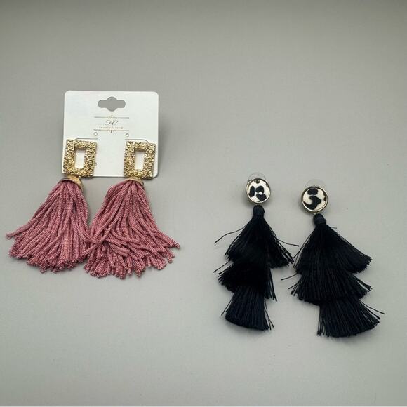 2 Pairs of Tiered Fringe Dangle Earrings One Pink One Black - Picture 1 of 4